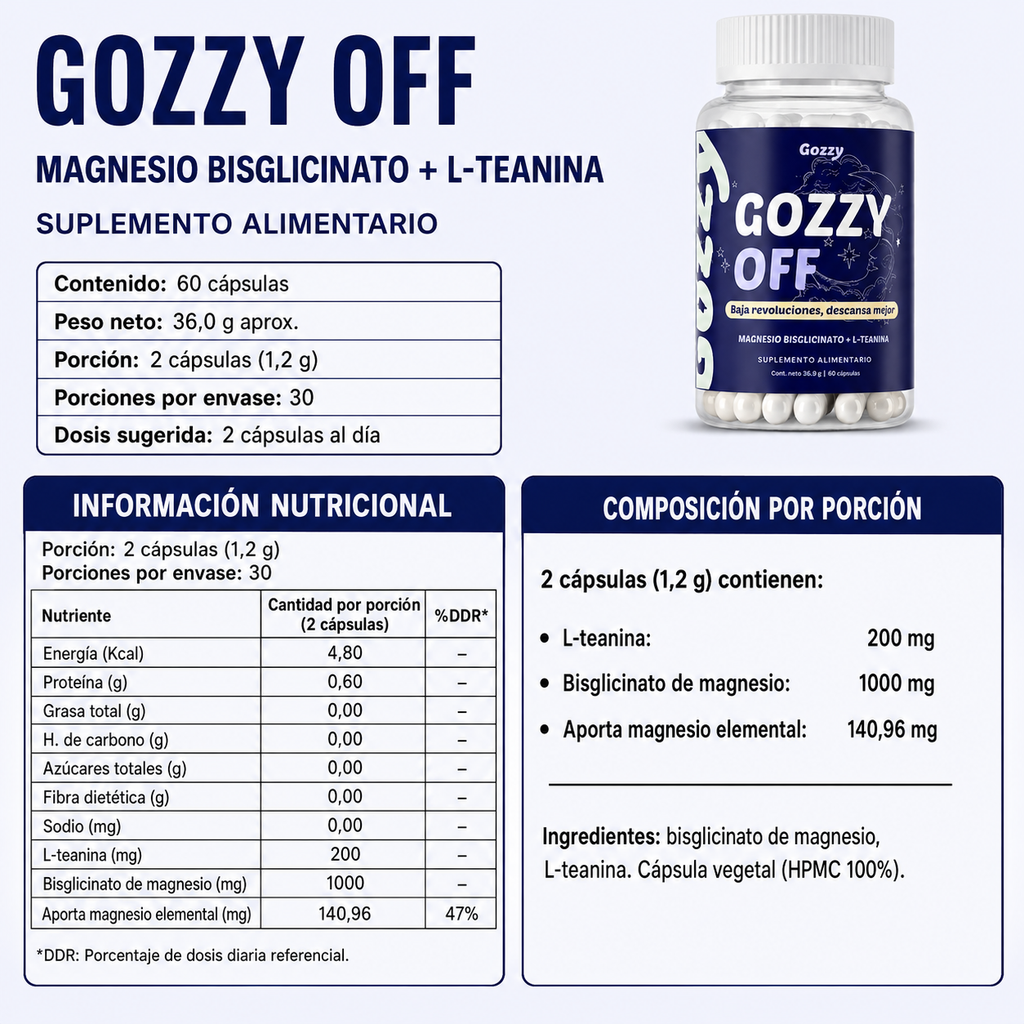 🌙 GOZZY OFF - Magnesio Bisglicinato/Baja revoluciones, descansa mejor 😌